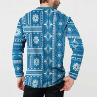 Fiji Masi All Blue Button Sweatshirt Tapa Pattern LT01 - Polynesian Pride