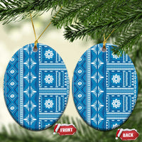 Fiji Masi All Blue Ceramic Ornament Tapa Pattern LT01 Oval Blue - Polynesian Pride