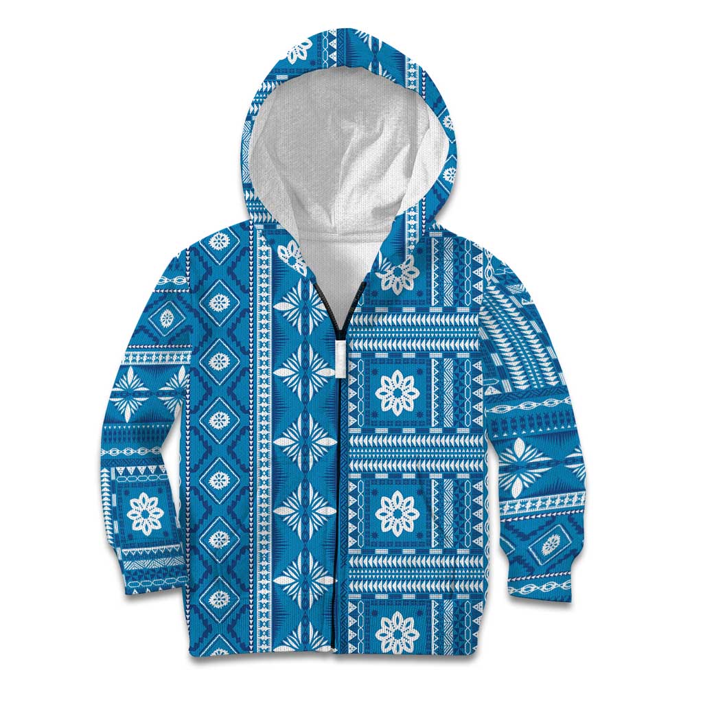 Fiji Masi All Blue Kid Hoodie Tapa Pattern LT01 Zip Hoodie Blue - Polynesian Pride