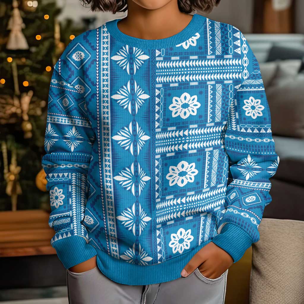 Fiji Masi All Blue Kid Ugly Christmas Sweater Tapa Pattern LT01 - Polynesian Pride
