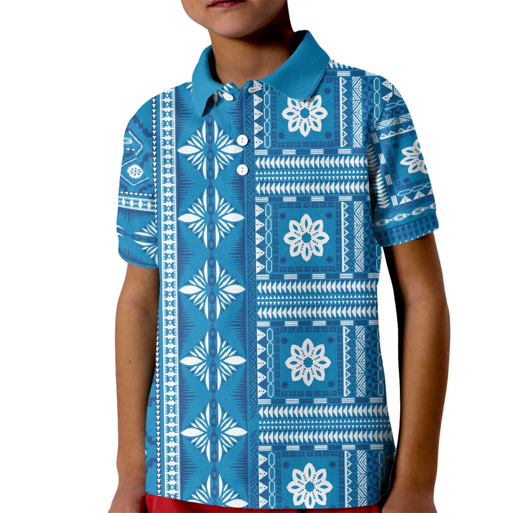 Fiji Masi All Blue Kid Polo Shirt Tapa Pattern LT01 Kid Blue - Polynesian Pride