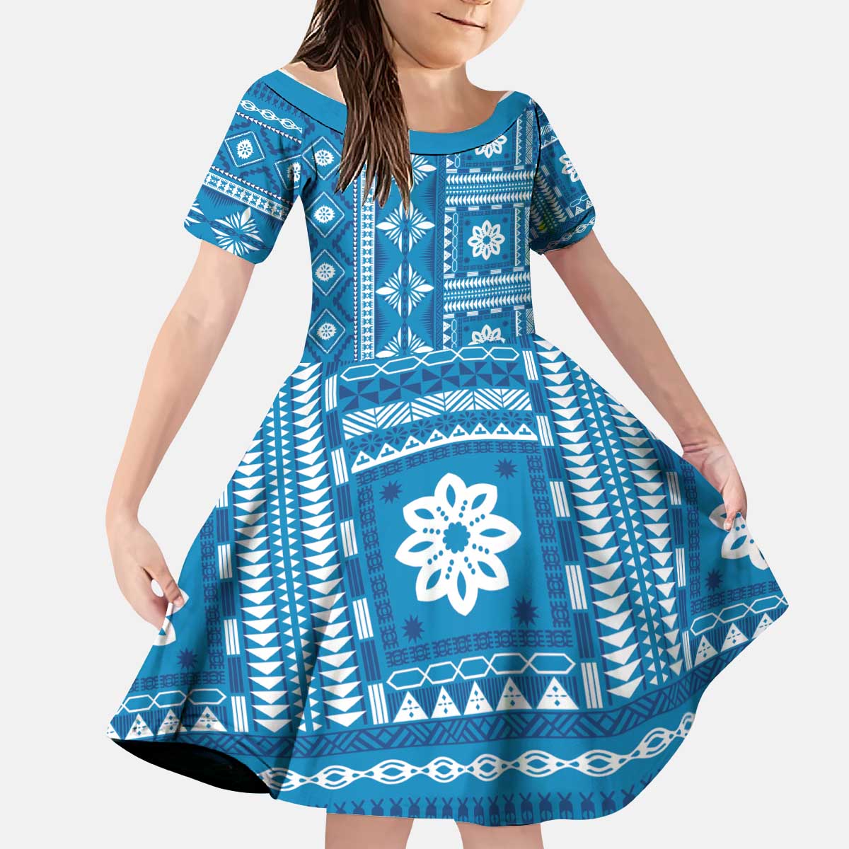 Fiji Masi All Blue Kid Short Sleeve Dress Tapa Pattern LT01 KID Blue - Polynesian Pride