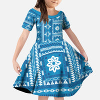 Fiji Masi All Blue Kid Short Sleeve Dress Tapa Pattern LT01 KID Blue - Polynesian Pride