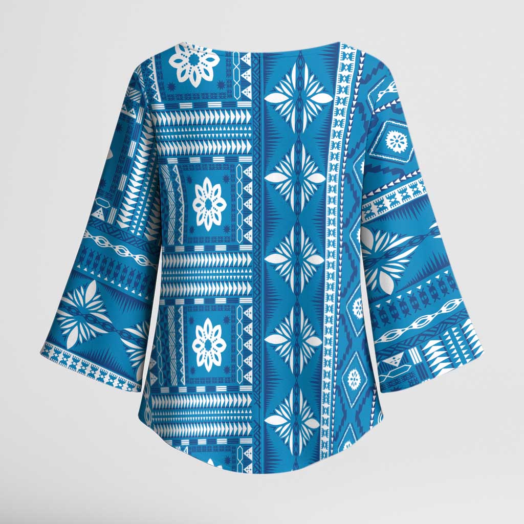 Fiji Masi All Blue Kimono Sleeve Blouse Tapa Pattern LT01 - Polynesian Pride