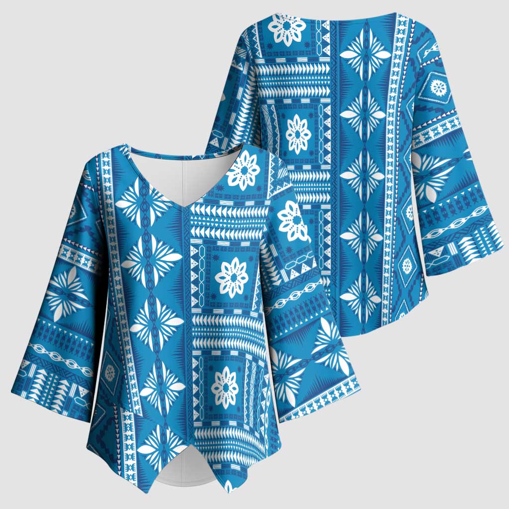Fiji Masi All Blue Kimono Sleeve Blouse Tapa Pattern LT01 - Polynesian Pride