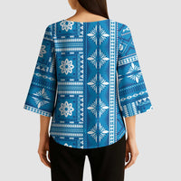 Fiji Masi All Blue Kimono Sleeve Blouse Tapa Pattern LT01 - Polynesian Pride