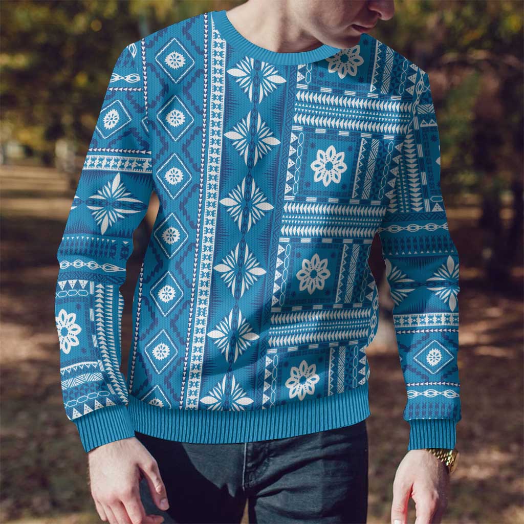 Fiji Masi All Blue Ugly Christmas Sweater Tapa Pattern LT01 - Polynesian Pride