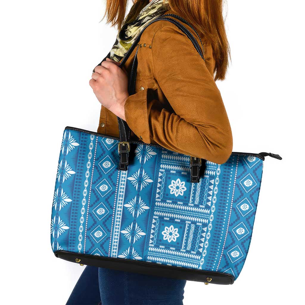 Fiji Masi All Blue Leather Tote Bag Tapa Pattern LT01 Blue - Polynesian Pride