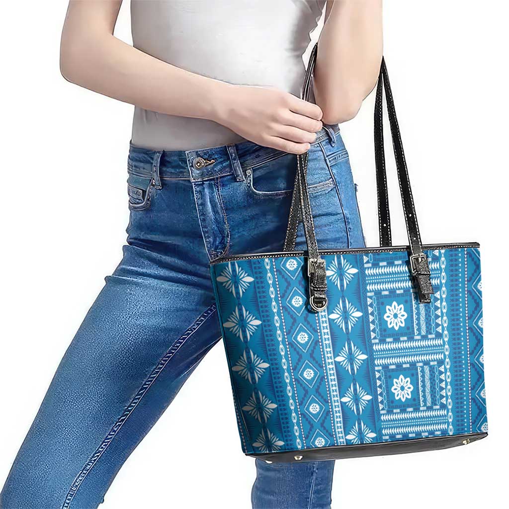Fiji Masi All Blue Leather Tote Bag Tapa Pattern LT01 - Polynesian Pride