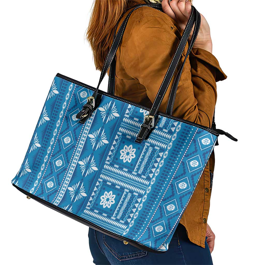 Fiji Masi All Blue Leather Tote Bag Tapa Pattern LT01 - Polynesian Pride