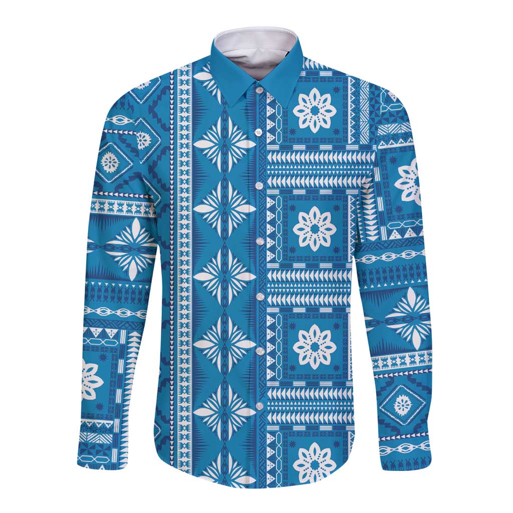 Fiji Masi All Blue Long Sleeve Button Shirt Tapa Pattern LT01 Unisex Blue - Polynesian Pride