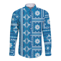 Fiji Masi All Blue Long Sleeve Button Shirt Tapa Pattern LT01 Unisex Blue - Polynesian Pride