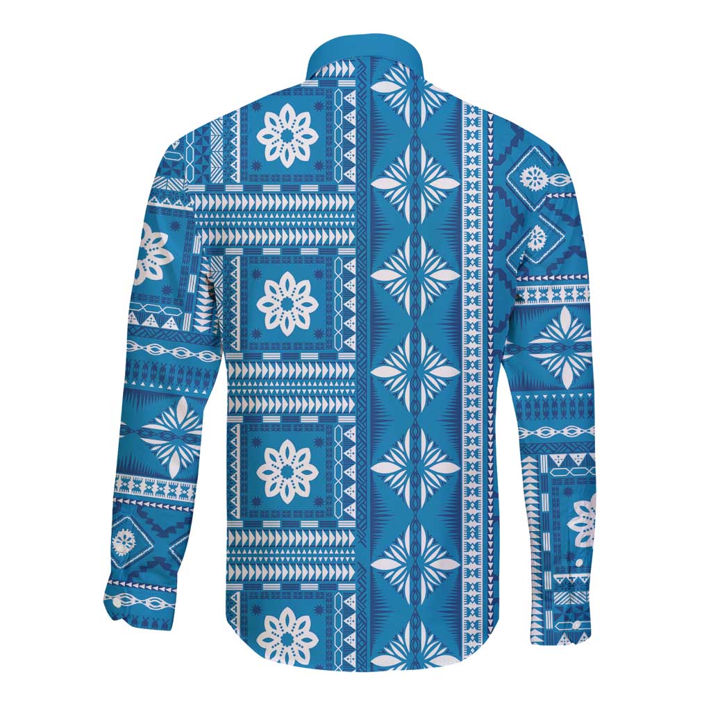Fiji Masi All Blue Long Sleeve Button Shirt Tapa Pattern LT01 - Polynesian Pride