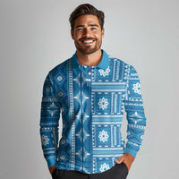 Fiji Masi All Blue Long Sleeve Polo Shirt Tapa Pattern LT01 - Polynesian Pride