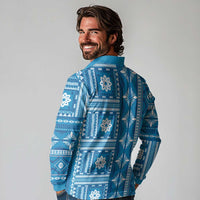 Fiji Masi All Blue Long Sleeve Polo Shirt Tapa Pattern LT01 - Polynesian Pride