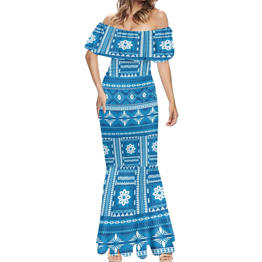 Fiji Masi All Blue Mermaid Dress Tapa Pattern LT01 - Polynesian Pride