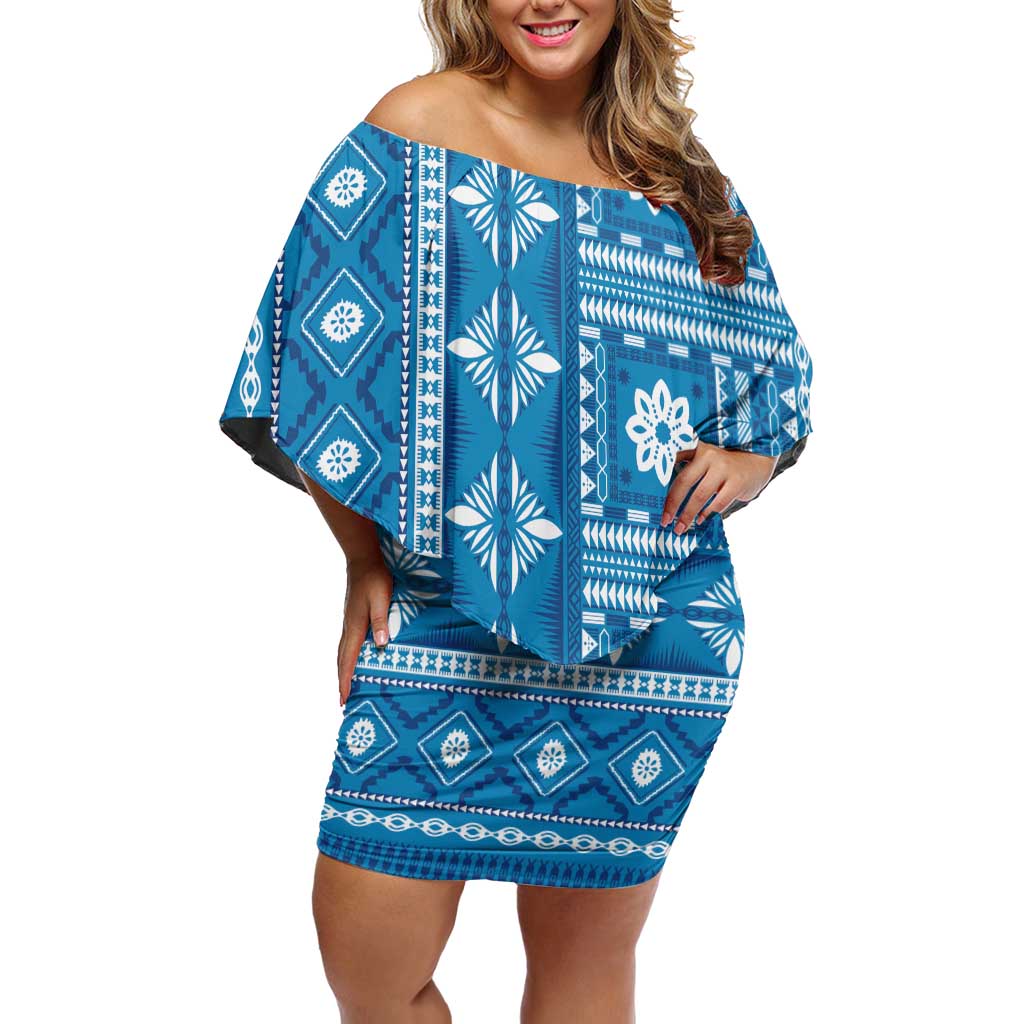 Fiji Masi All Blue Off Shoulder Short Dress Tapa Pattern LT01 Women Blue - Polynesian Pride
