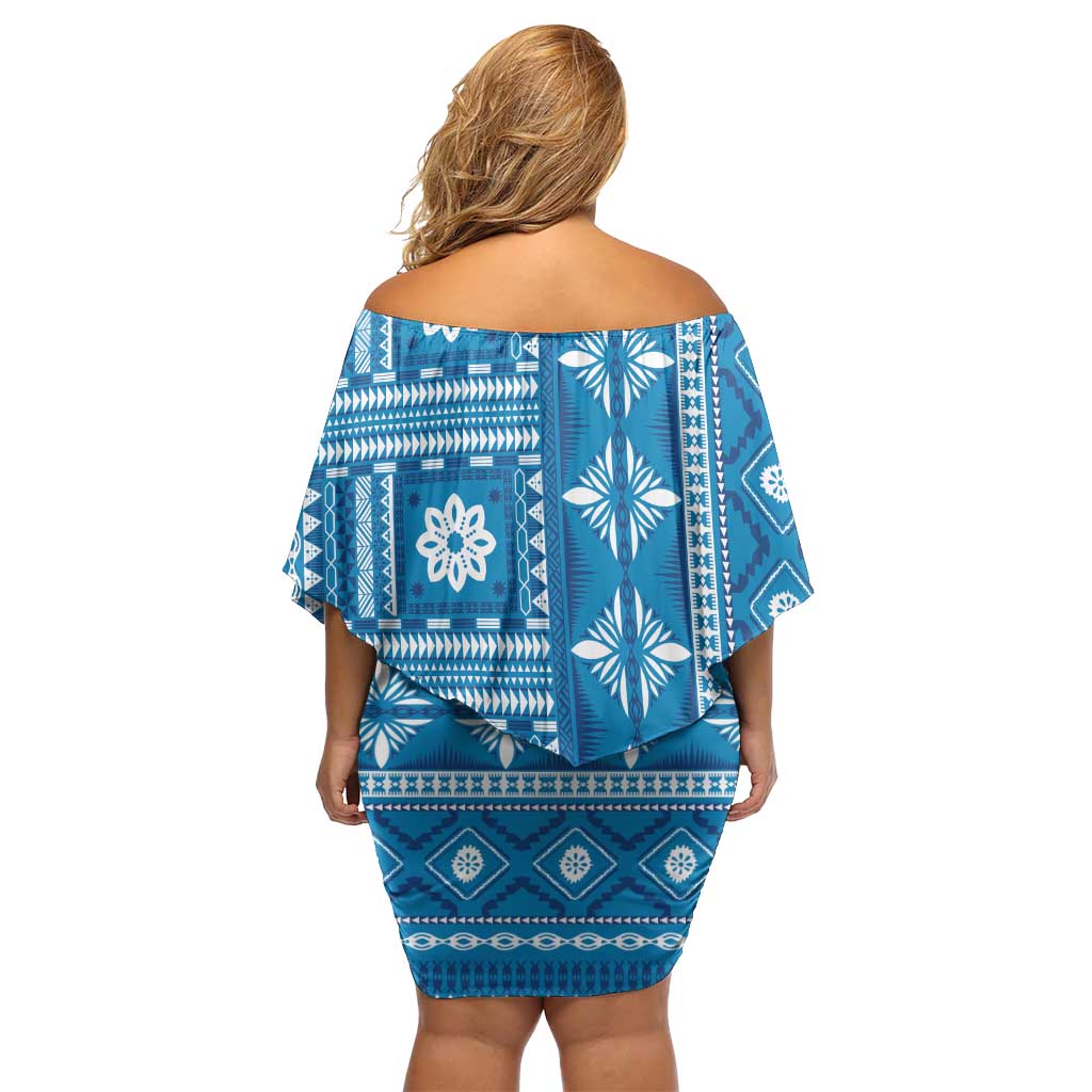 Fiji Masi All Blue Off Shoulder Short Dress Tapa Pattern LT01 - Polynesian Pride