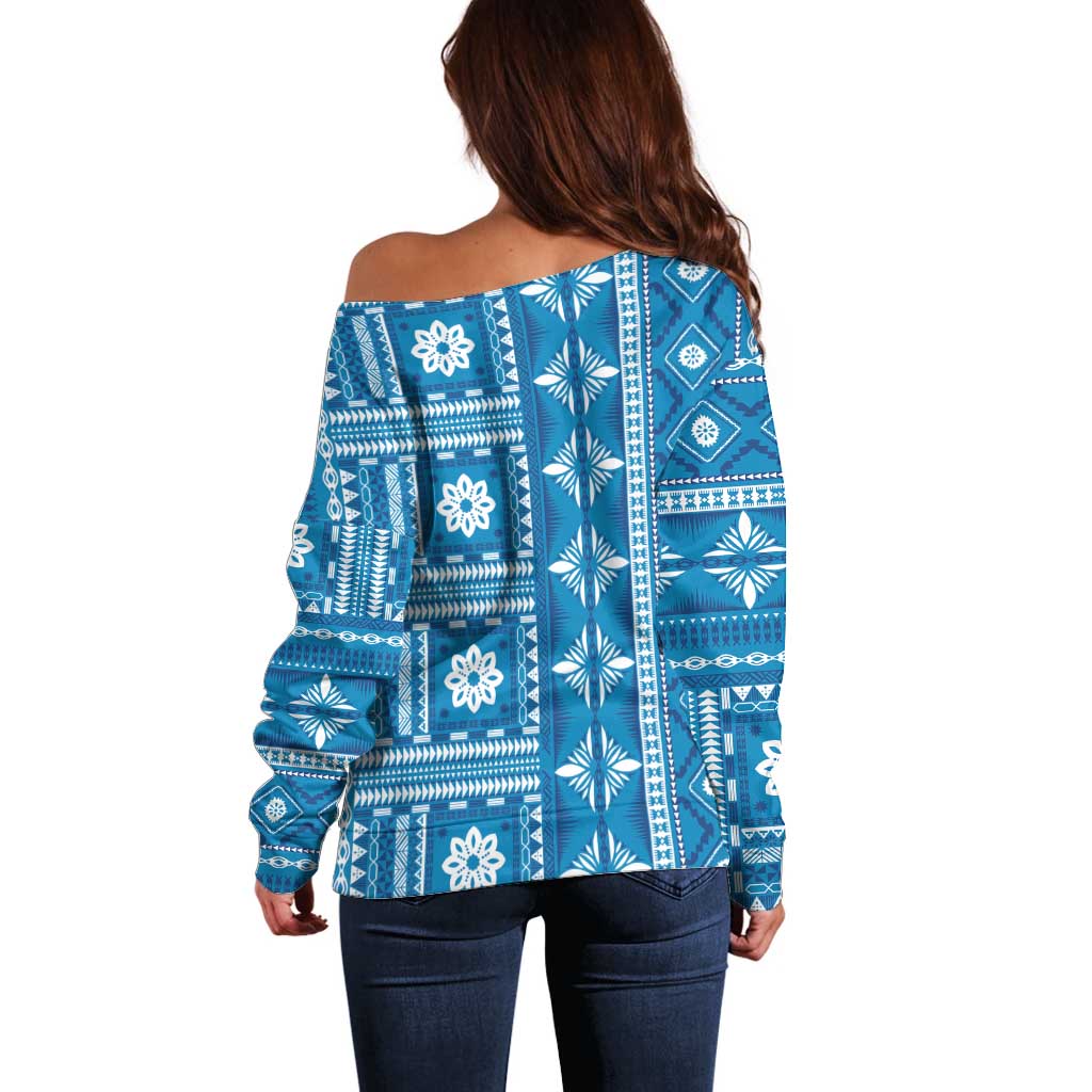 Fiji Masi All Blue Off Shoulder Sweater Tapa Pattern LT01 - Polynesian Pride