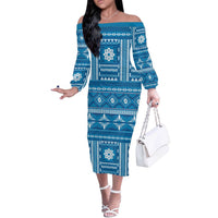 Fiji Masi All Blue Off The Shoulder Long Sleeve Dress Tapa Pattern LT01 Women Blue - Polynesian Pride