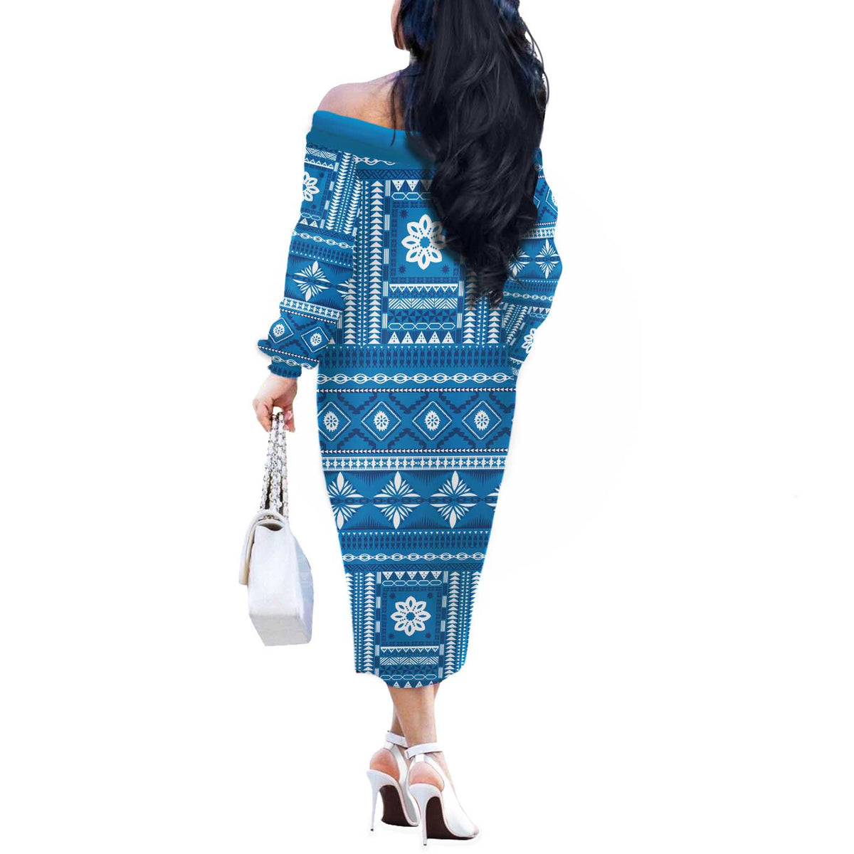 Fiji Masi All Blue Off The Shoulder Long Sleeve Dress Tapa Pattern LT01 - Polynesian Pride
