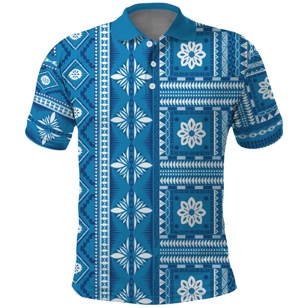 Fiji Masi All Blue Polo Shirt Tapa Pattern LT01 Blue - Polynesian Pride