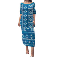 Fiji Masi All Blue Puletasi Tapa Pattern LT01 Long Dress Blue - Polynesian Pride