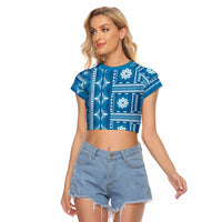 Fiji Masi All Blue Raglan Cropped T Shirt Tapa Pattern LT01 Female Blue - Polynesian Pride