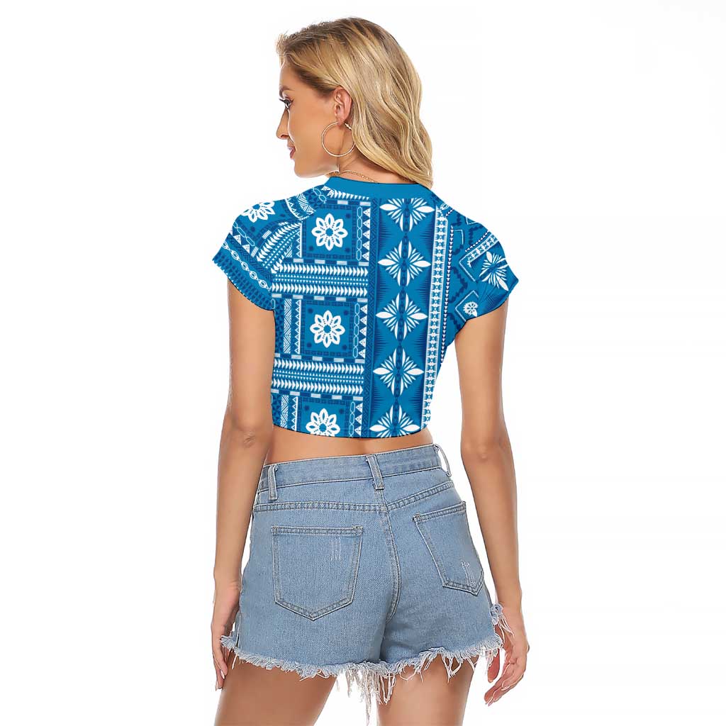 Fiji Masi All Blue Raglan Cropped T Shirt Tapa Pattern LT01 - Polynesian Pride