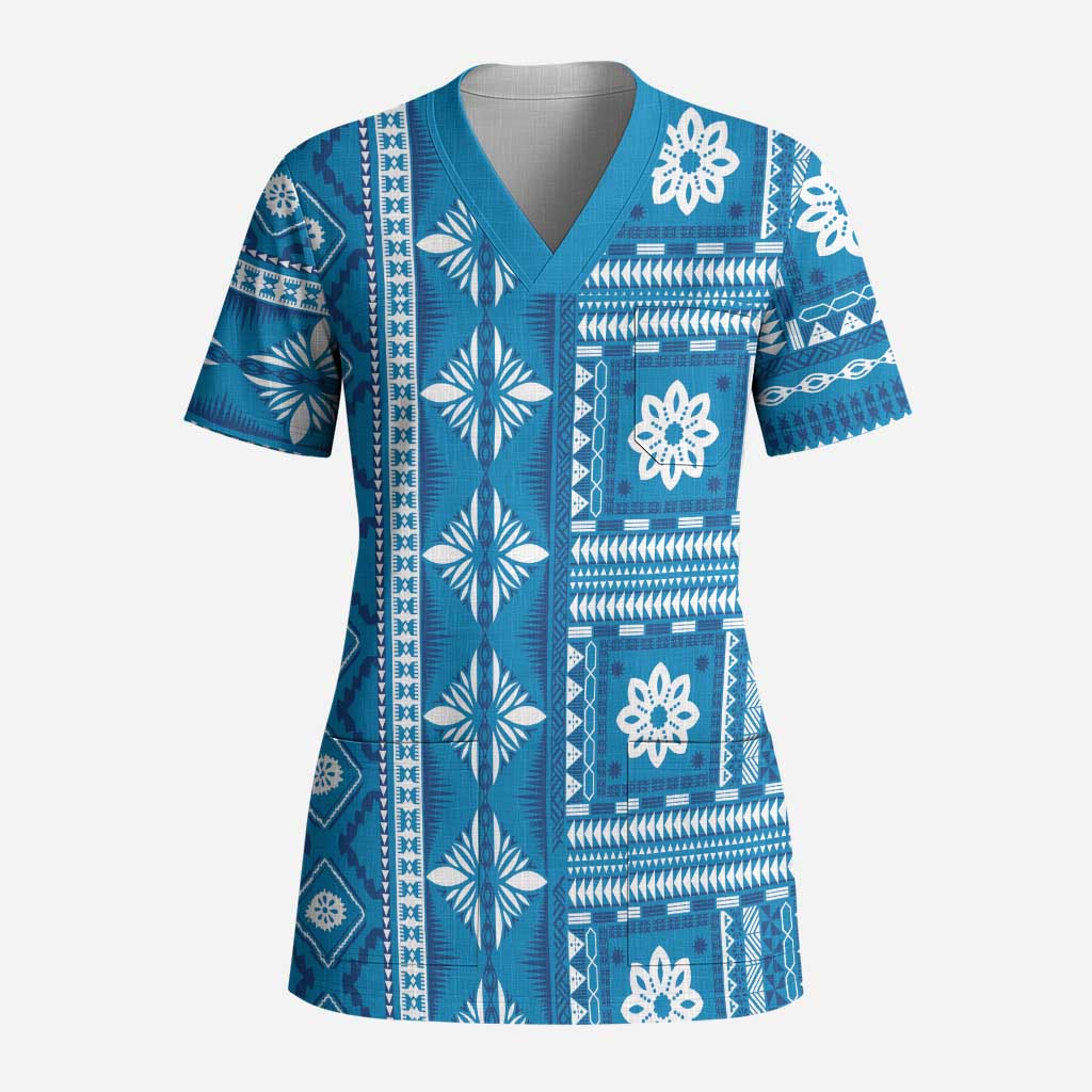 Fiji Masi All Blue Scrub Top Tapa Pattern LT01 Adult Blue - Polynesian Pride