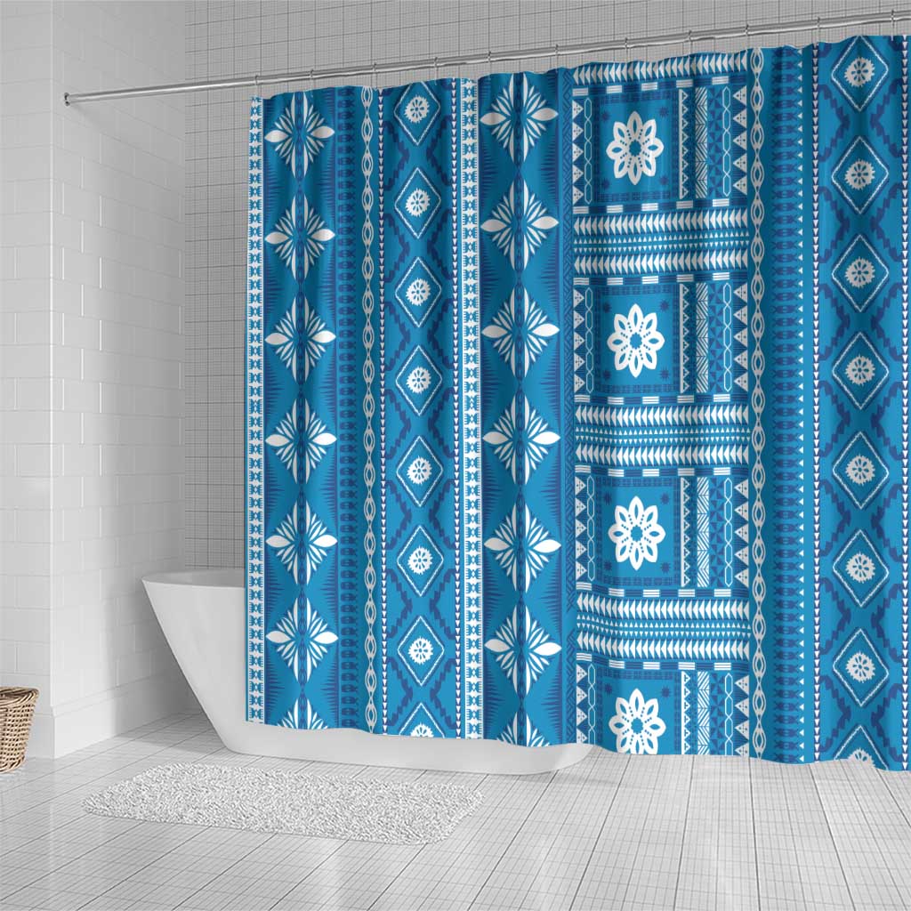 Fiji Masi All Blue Shower Curtain Tapa Pattern LT01 - Polynesian Pride