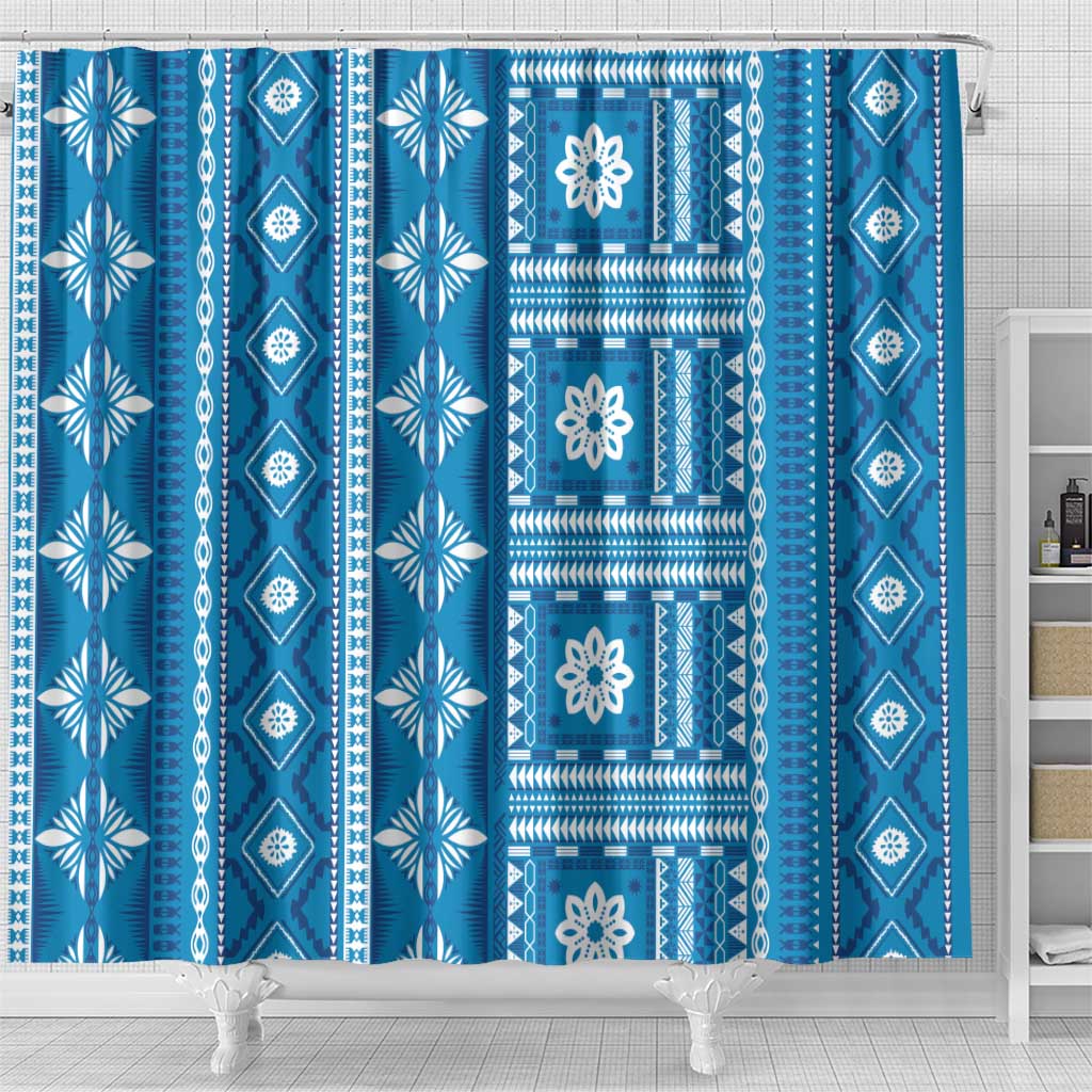 Fiji Masi All Blue Shower Curtain Tapa Pattern LT01 - Polynesian Pride