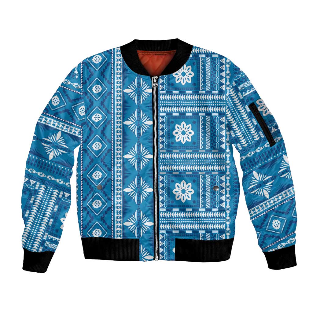 Fiji Masi All Blue Sleeve Zip Bomber Jacket Tapa Pattern LT01 Unisex Blue - Polynesian Pride