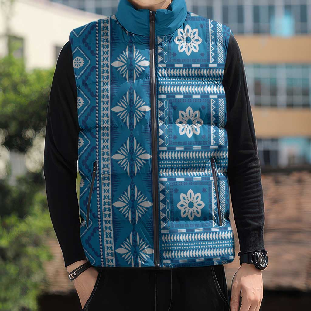 Fiji Masi All Blue Sleeveless Puffer Jacket Tapa Pattern LT01 - Polynesian Pride