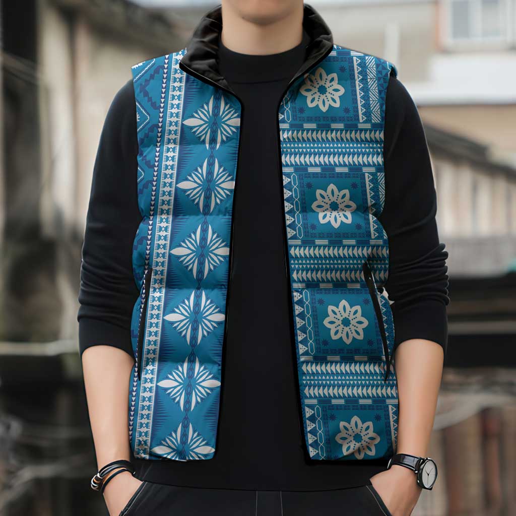 Fiji Masi All Blue Sleeveless Puffer Jacket Tapa Pattern LT01 - Polynesian Pride