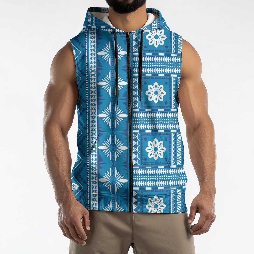 Fiji Masi All Blue Sleeveless Zip Hoodie Tapa Pattern LT01 - Polynesian Pride
