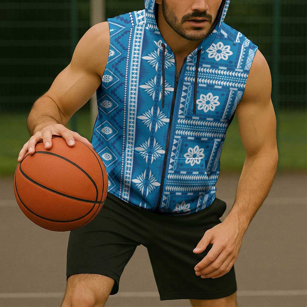 Fiji Masi All Blue Sleeveless Zip Hoodie Tapa Pattern LT01 - Polynesian Pride