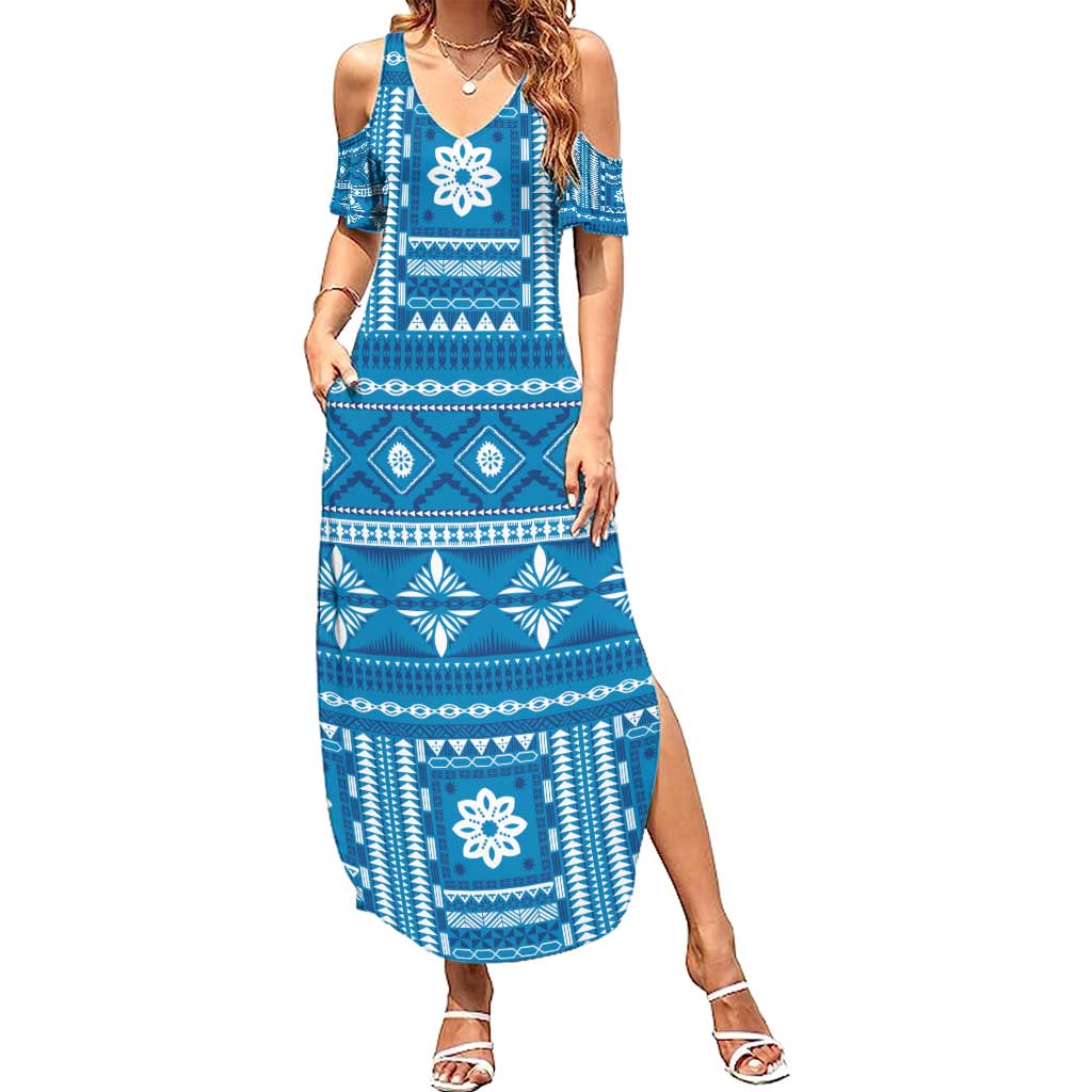 Fiji Masi All Blue Summer Maxi Dress Tapa Pattern LT01 Women Blue - Polynesian Pride