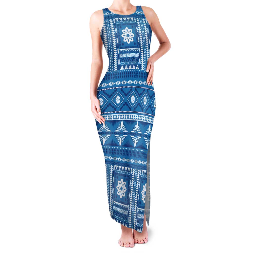Fiji Masi All Blue Tank Maxi Dress Tapa Pattern LT01 Women Blue - Polynesian Pride