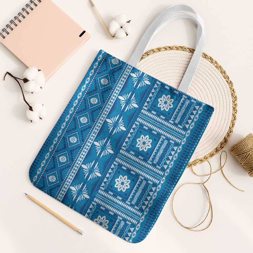 Fiji Masi All Blue Tote Bag Tapa Pattern LT01 White Strap One Size Blue - Polynesian Pride