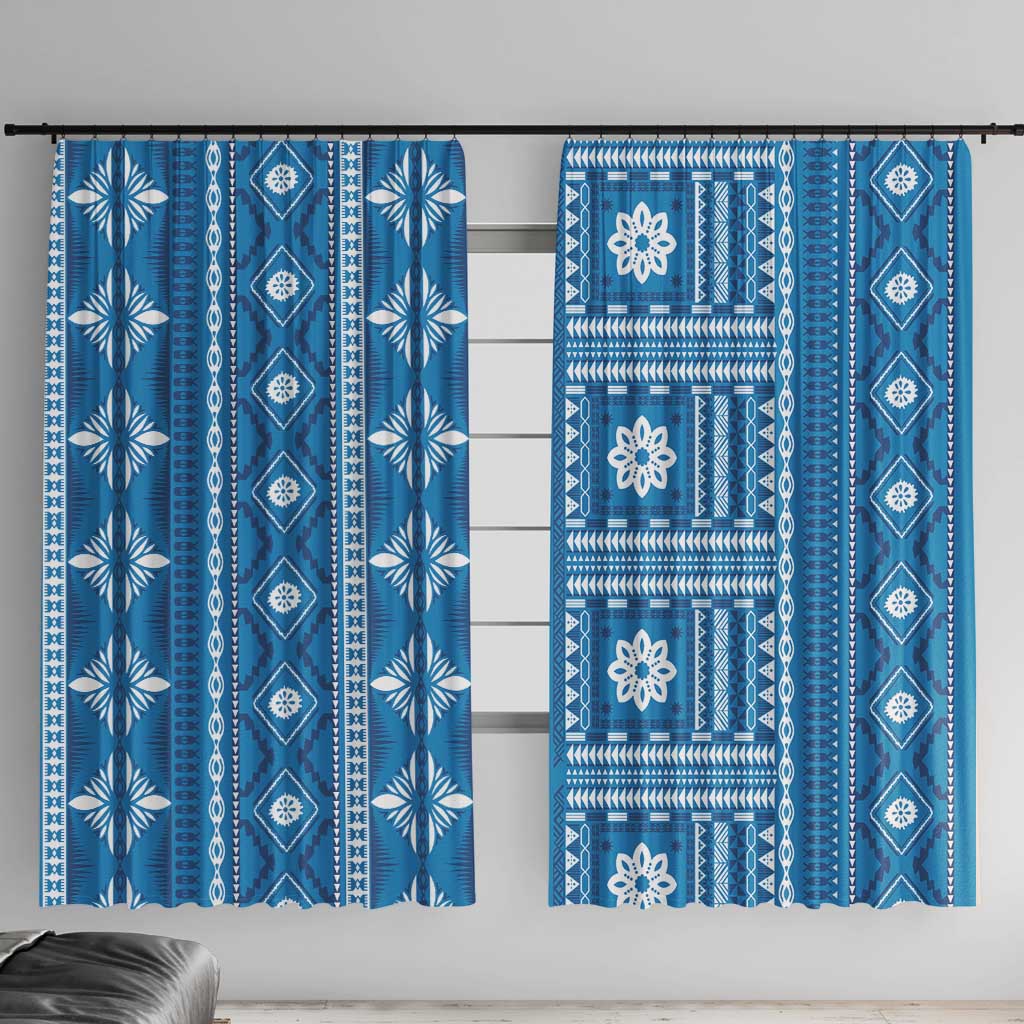 Fiji Masi All Blue Window Curtain Tapa Pattern LT01 With Hooks Blue - Polynesian Pride