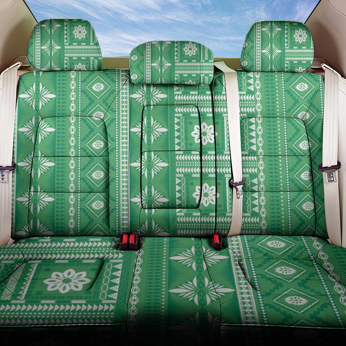 Fiji Masi All Green Back Car Seat Cover Tapa Pattern LT01 One Size Green - Polynesian Pride