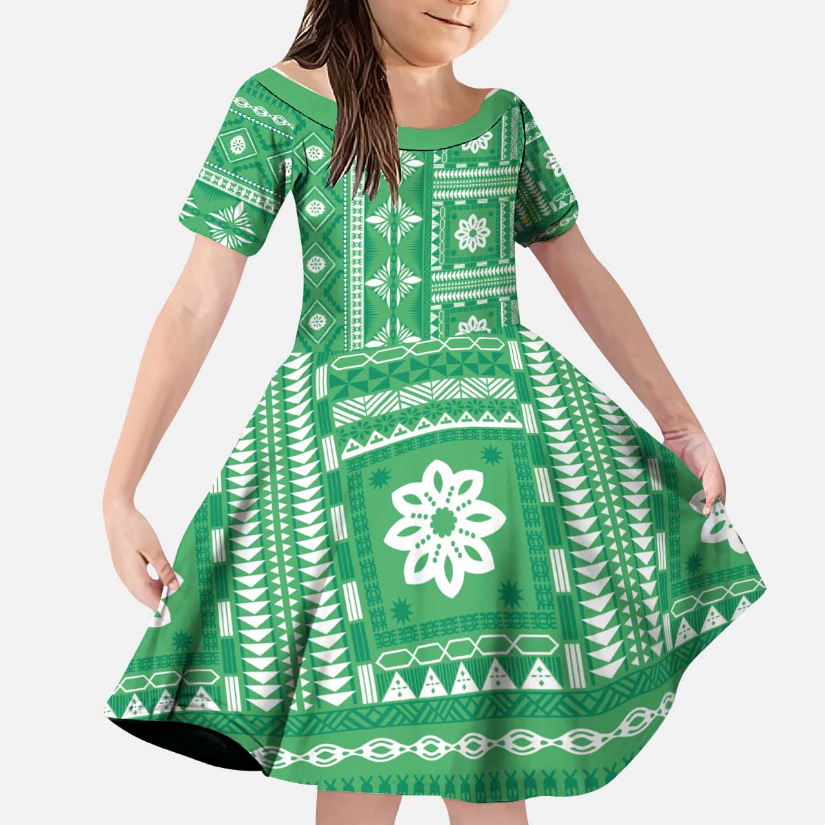 Fiji Masi All Green Kid Short Sleeve Dress Tapa Pattern LT01 KID Green - Polynesian Pride