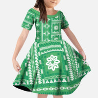 Fiji Masi All Green Kid Short Sleeve Dress Tapa Pattern LT01 KID Green - Polynesian Pride