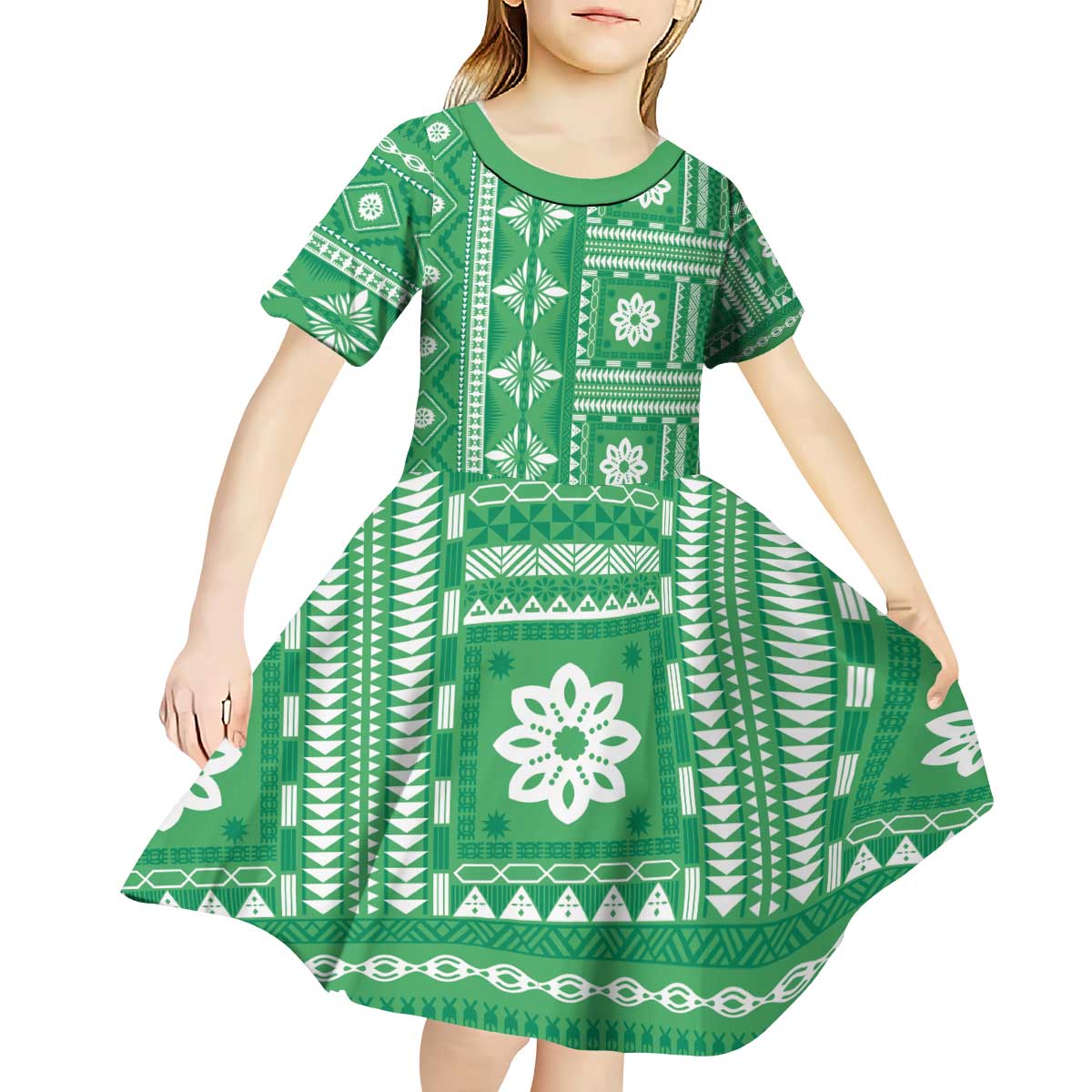 Fiji Masi All Green Kid Short Sleeve Dress Tapa Pattern LT01 - Polynesian Pride