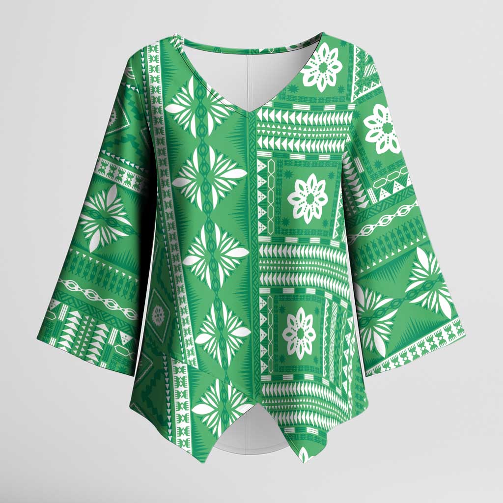 Fiji Masi All Green Kimono Sleeve Blouse Tapa Pattern LT01 Female Green - Polynesian Pride