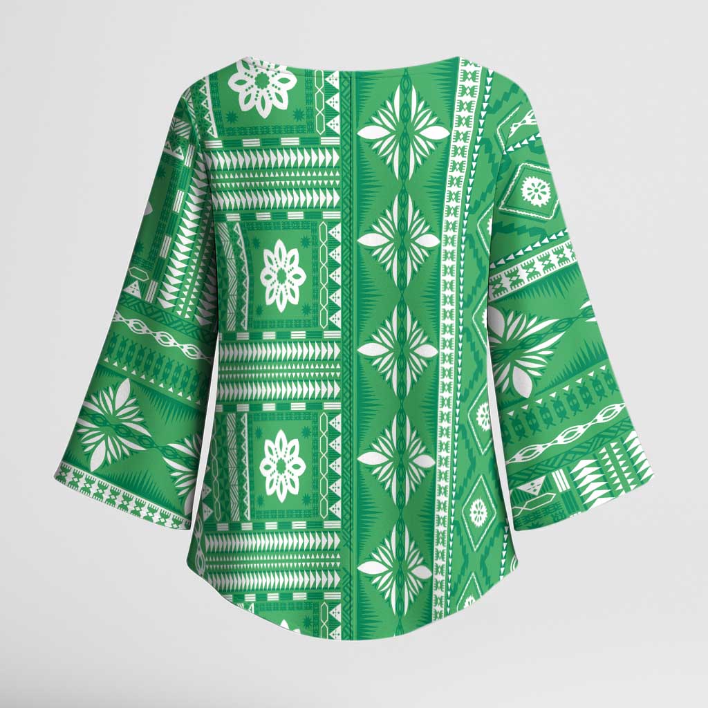 Fiji Masi All Green Kimono Sleeve Blouse Tapa Pattern LT01 - Polynesian Pride