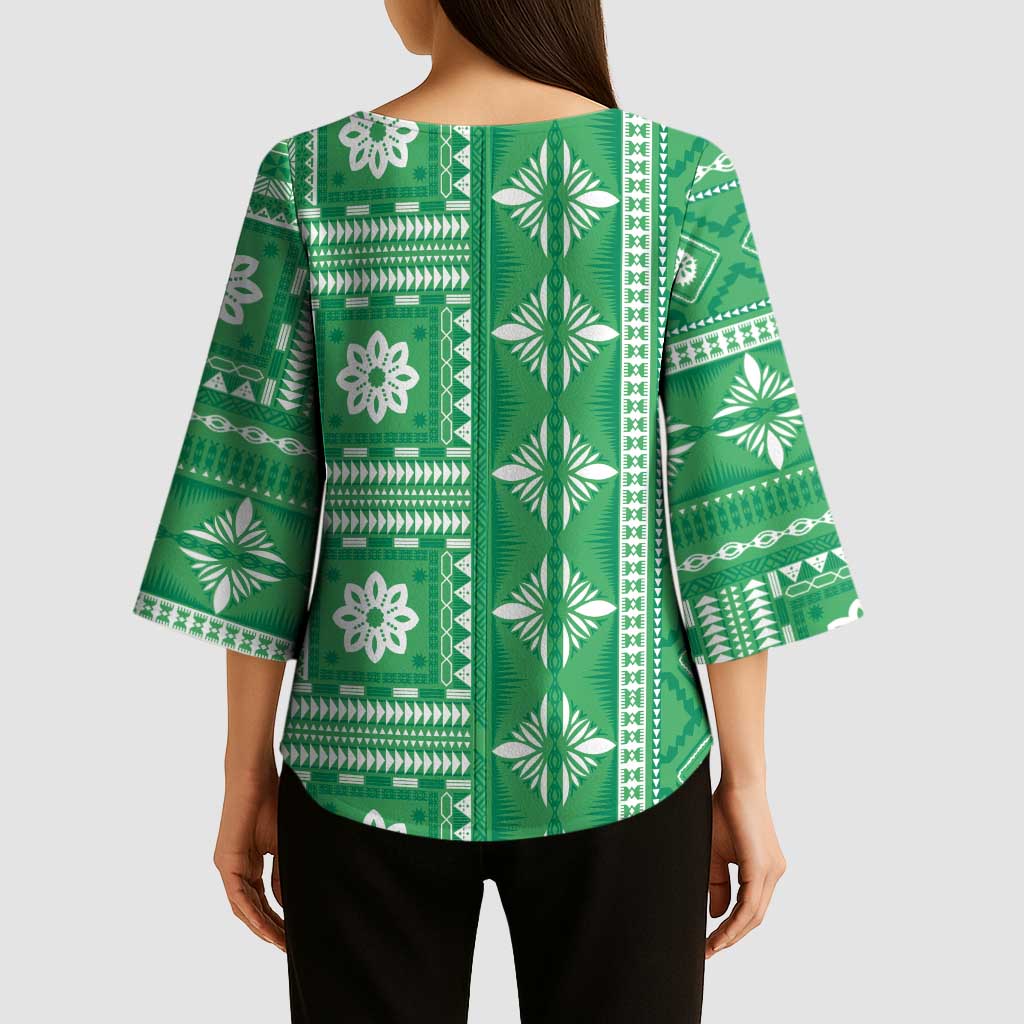 Fiji Masi All Green Kimono Sleeve Blouse Tapa Pattern LT01 - Polynesian Pride