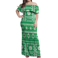 Fiji Masi All Green Off Shoulder Maxi Dress Tapa Pattern LT01 Women Green - Polynesian Pride