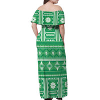 Fiji Masi All Green Off Shoulder Maxi Dress Tapa Pattern LT01 - Polynesian Pride